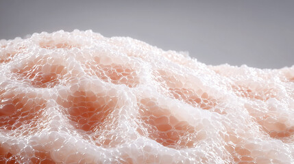 Fototapeta premium Artificial skin tissue foam cellular structure macro closeup. Synthetic biological membrane transplant biotechnology innovation. Regenerative medicine laboratory bioengineered material bubble texture.