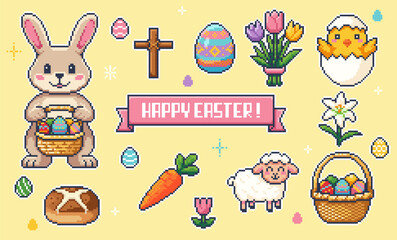 Fototapeta premium A set of pixel art Easter vector stickers: bunny, painted eggs, cross, and flowers. Ideal for holiday game events, seasonal UI badges, and social media design elements.