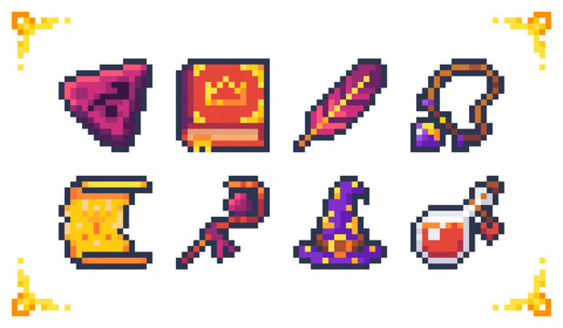 A set of pixel art magic icons: rune, spellbook, quill, amulet, wizard hat, staff, scroll, and potion. 8-bit loot and equipment assets for RPG inventory systems and UI design.