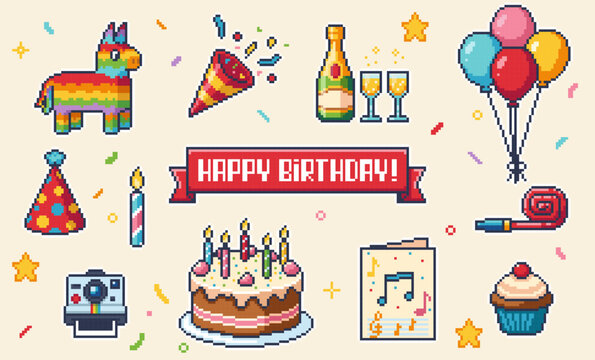 A set of pixel art birthday vector stickers: cake, balloons, pi&ntilde;ata, champagne, and party hat. Ideal for holiday game events, celebration UI, and social media design.