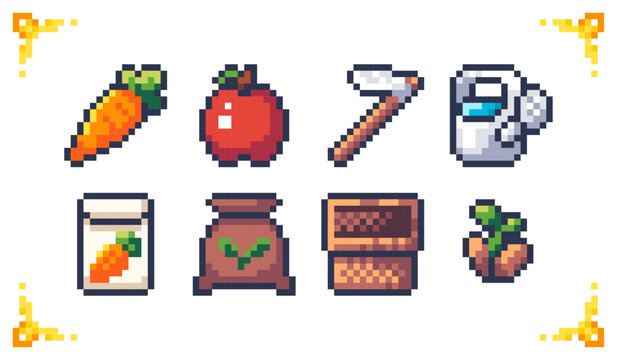 A set of pixel art gardening icons: carrot, apple, hoe, watering can, seeds, and fertilizer. Ideal for farming simulator inventory, agriculture RPG mechanics, and harvest UI assets.