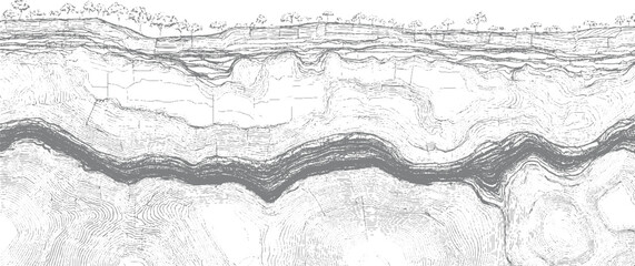 Detailed cross section of layered earth strata with trees on the surface geology layers © Towhidul