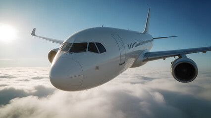 Obraz premium Low Angle View of Commercial Passenger Jet Flying Above Fluffy Clouds, Modern Aviation and Air Travel Concept, High Quality Aircraft Flight in Bright Daylight