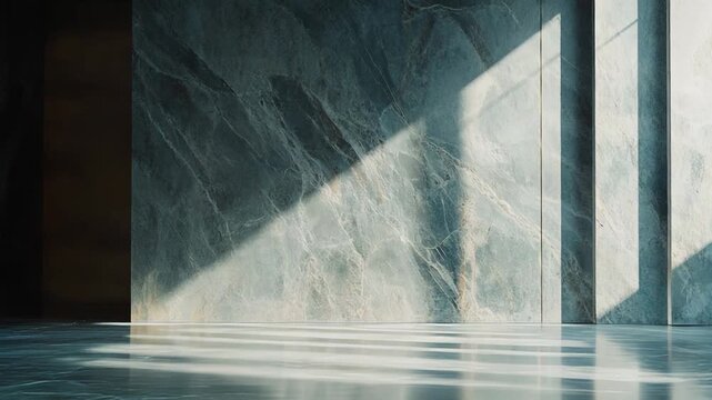 Marble wall with a minimalist design receiving bright sunlight creating strong geometric shadows on the polished floor, emphasizing modern interior architecture