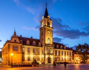 Obraz premium Illuminated European town square at dusk; historic architecture