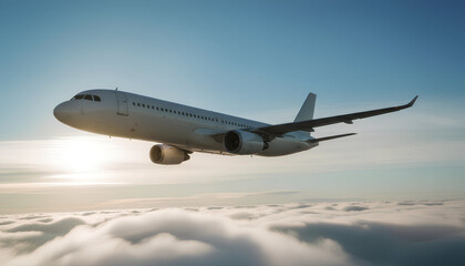 Obraz premium Side view of commercial jet airplane flying through white clouds at sunset or sunrise background concept of global travel transportation and international flight connectivity