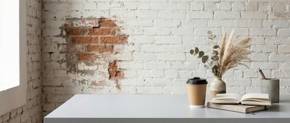 Cozy workspace inspiration with coffee modern minimalist design urban loft environment natural light creative atmosphere