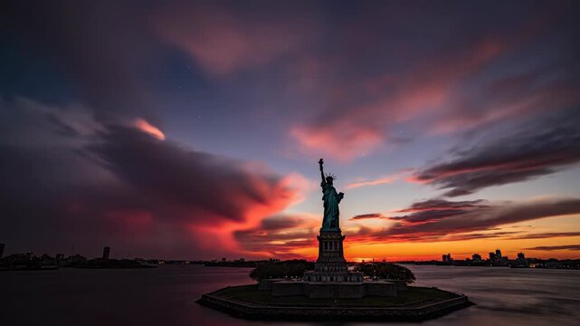 Statue of Liberty at Sunset with Dramatic Clouds Over Water.