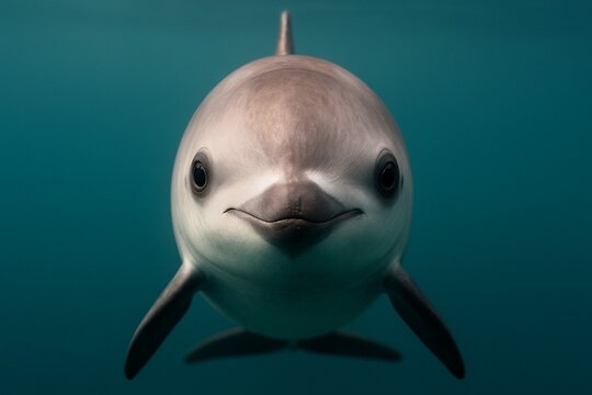 Front view portrait of vaquita porpoise face looking at camera underwater. Cute head shot of world's smallest endangered marine mammal. Rare animal with black eye rings in blue ocean background.