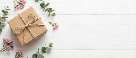 Gift box arrangement with flowers on wooden table home decor minimalist style natural light aesthetic appeal