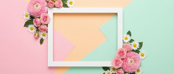 Floral arrangement with white frame pastel background decorative elements studio setup top-down view aesthetic design for home decor