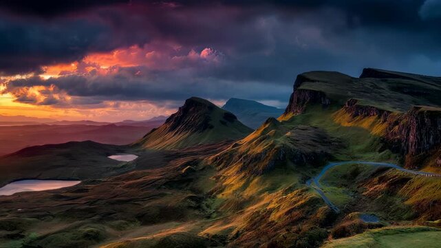 Quiraing mountains at sunset, dramatic rocky ridge and green valley views, the quiraing isle of skye outdoor landscape, united kingdom travel nature background