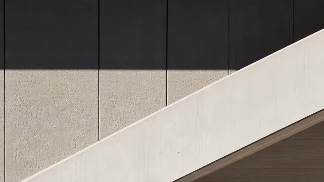 Concrete staircase with minimalist, brutalist geometrysharp diagonal lines, textured surfaces and stark light and shadow contrasts creating a strong, modern architectural form
