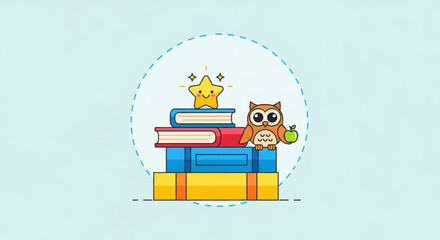 Obraz premium Colorful books with owl and star on top for education and learning concept