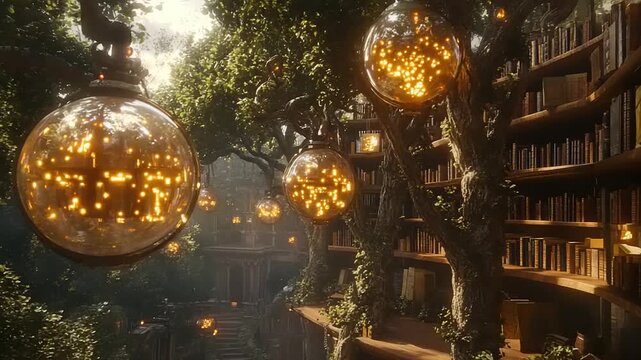 Mystical Library with Hanging Lanterns and Books.