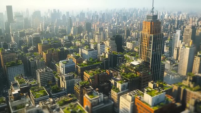 Aerial View of Cityscape with Skyscrapers and Greenery.