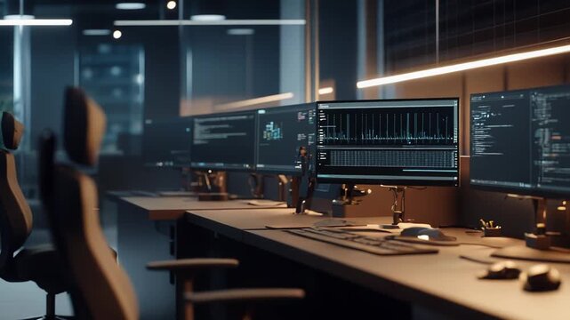 Empty desks with multiple computer monitors displaying data and code in a modern dark server office, symbolizing it infrastructure, network security, and technology operations
