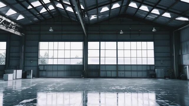 Spacious industrial warehouse interior with a reflective polished concrete floor, featuring large paneled windows illuminating the empty space and robust structural beams supporting the high ceiling