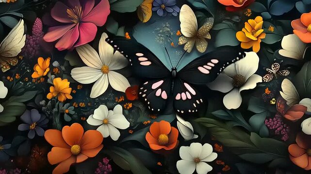 Beautiful Butterfly Amongst Vibrant Colorful Flowers Nature Scene.
