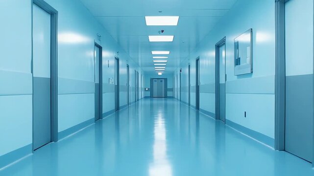 Modern hospital corridor stretching into the distance with multiple closed doors on both sides, clean floors reflecting overhead lights, symbolizing health care environments and medical facilities