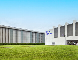 Fototapeta premium Data center building exterior against blue sky