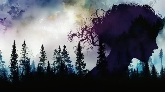 Silhouette of a womans head superimposed on a misty forest landscape.