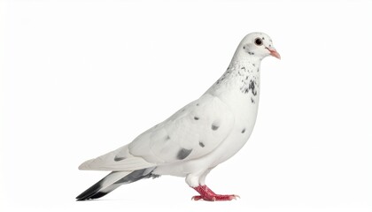 Obraz premium Side profile of a pigeon with white feathers and dark spots, standing on a white background