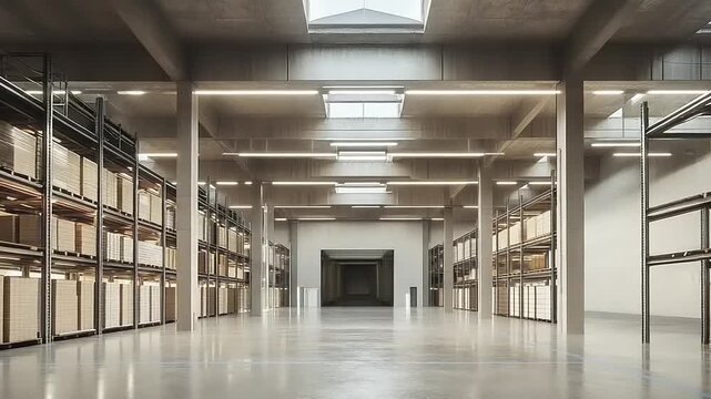 Modern Warehouse Interior with Rows of Shelving and Boxes.