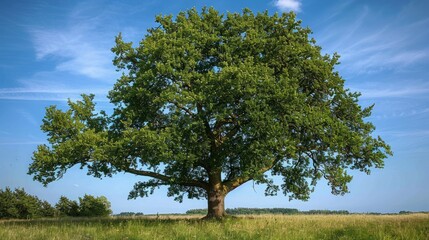 Obraz premium Majestic old oak tree standing tall in a lush green meadow under a clear blue sky