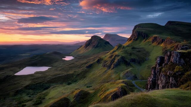 Quiraing mountains at sunset, dramatic rocky ridge and green valley views, the quiraing isle of skye outdoor landscape, united kingdom travel nature background