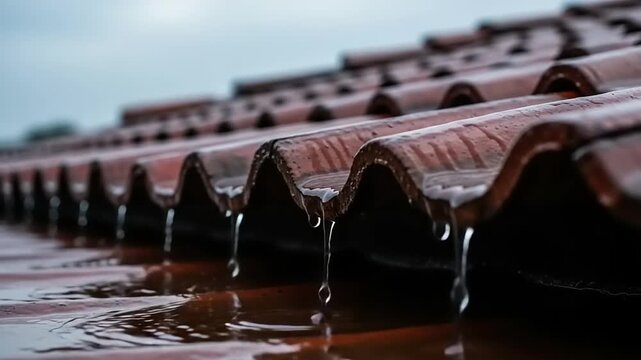 Rainwater Flowing Off Roof Tiles During Storm.