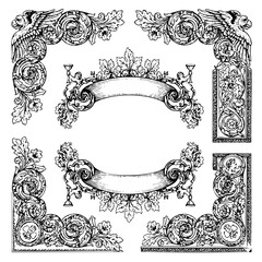 Vintage engraving style decorative corners, banners, and borders with cherubs and acanthus leaves for classical design projects. Ideal for certificate templates and wine labels.