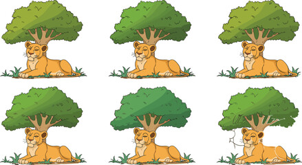 Lioness illustration set, wildlife artwork, tree vector design, safari graphic pack, nature symbol collection, resting animal sketch, spot difference puzzle © afjal