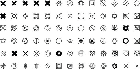 Obraz premium Abstract geometric symbols set, minimal line icons, crosses circles squares stars, modern design elements, black and white vector illustration