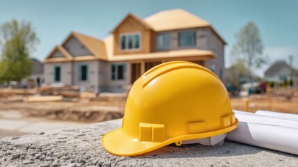 Construction Site with Hard Hat and Blueprints Near New Home Under Construction