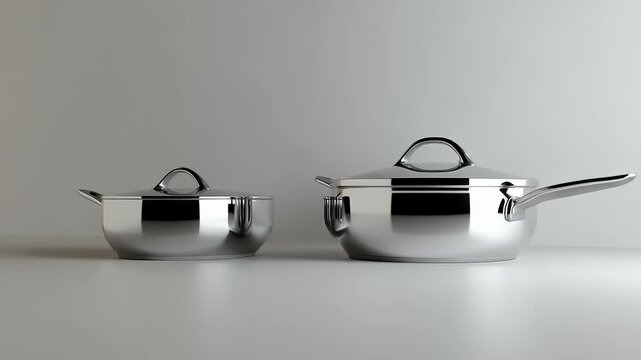 Stainless Steel Pans on White Surface.
