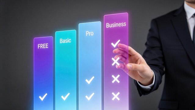 Transparent pricing comparison chart interface with free,basic,pro and business plans,modern subscription tiers visualization for SaaS marketing strategy and digital sales presentation