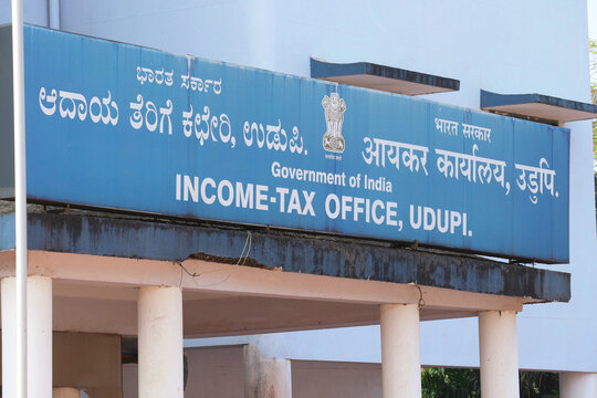 Income Tax Office Sign on Government Building  - Concept of Taxation, Bureaucracy and Indian Finance System in Udupi, India, December 5, 2025
