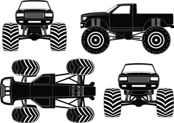 Monster truck illustration, front view, side view, top-down perspective, oversized tires, rugged design, elevated suspension, automotive vector, vehicle clipart, racing icon © Rima Khatun