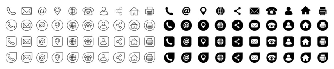 Contact and communication icon set in solid and line styles for Business card symbols, web and app design. © Point Nemo