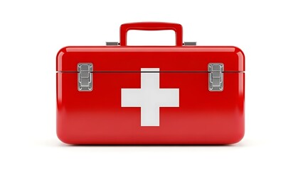 Obraz premium Red metal first aid kit with white cross and silver latches