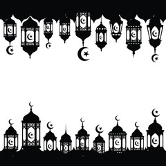 Fototapeta premium A silhouette of lanterns and mosques with crescent moon symbols for ramadan.