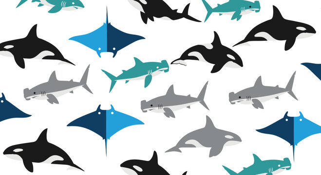 Various marine animals including orcas, dolphins, and sharks swim together in a pattern on a white background from a direct viewpoint
