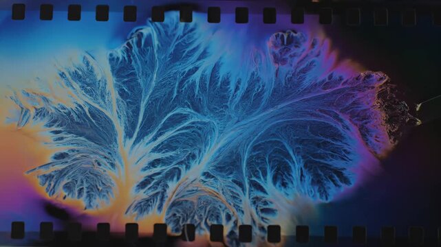 Abstract liquid spreads and crystallizes on a film strip, forming intricate, vibrant, organic patterns.