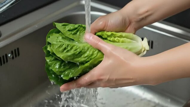 Hands washing fresh green romaine lettuce under running water in a stainless steel kitchen sink