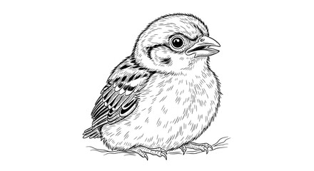 Fototapeta premium Fluffy baby sparrow in detailed line art style