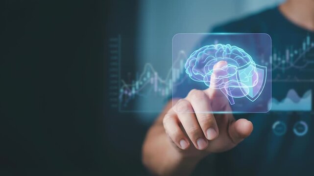 AI risk control, digital finance security, policy compliance, governance technology with digital brain interface and security shield symbolizing finance protection