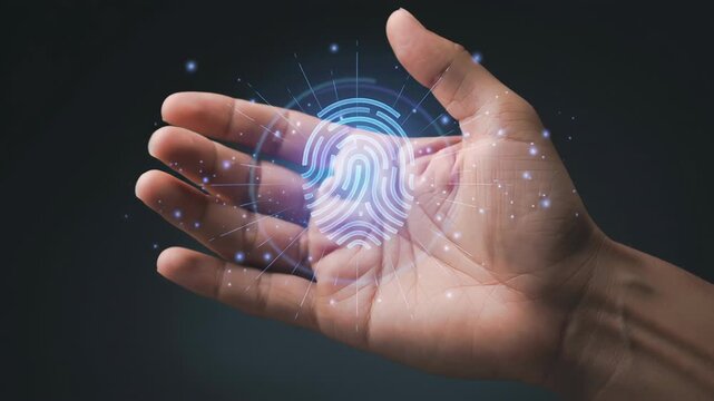 Digital fingerprint on hand symbolizes AI driven security risk control finance policy compliance governance protecting data trusted, digital identity biometric management