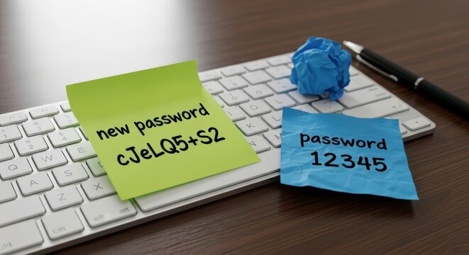 Sticky notes with passwords on a computer keyboard and pen on a wooden desk