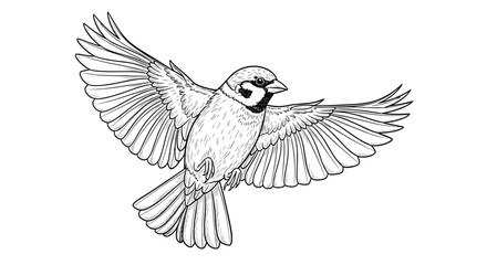 Fototapeta premium Sparrow flying with wings spread in detailed line art style